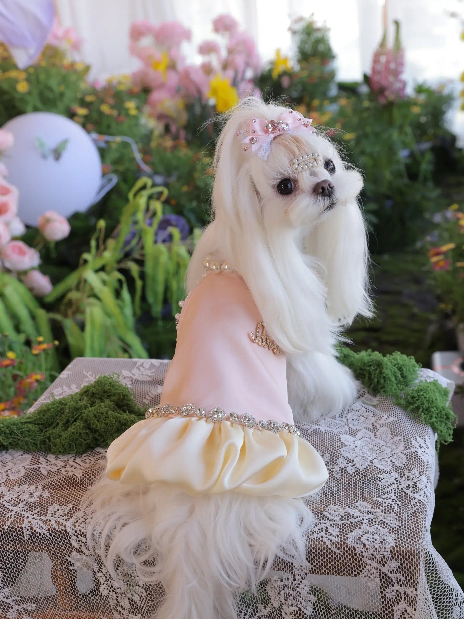 Amoura Halter Dress – Pink Princess Dog Dress with Pearls & Crystals for Small Dogs